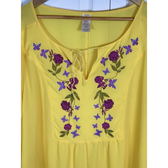 Embroidered Sheer Floral Tunic Pockets Tie at Neck Lantern Sleeves XL Yellow - Picture 9 of 10